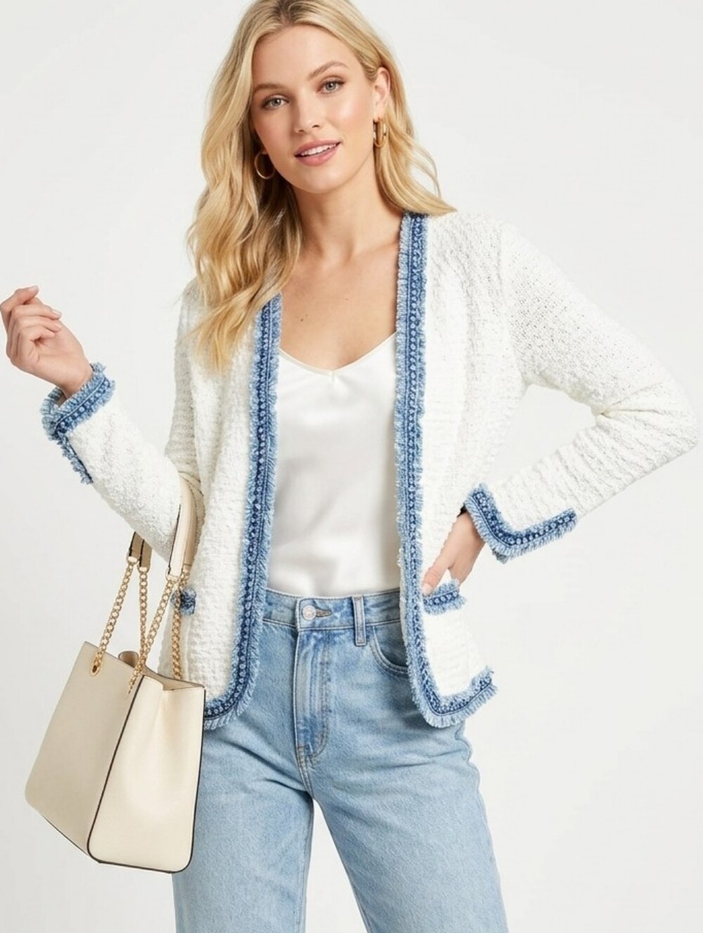 NIC+ZOE White Textured Knit Cardigan Blue Fringe Trim Open Front Sweater Size XL